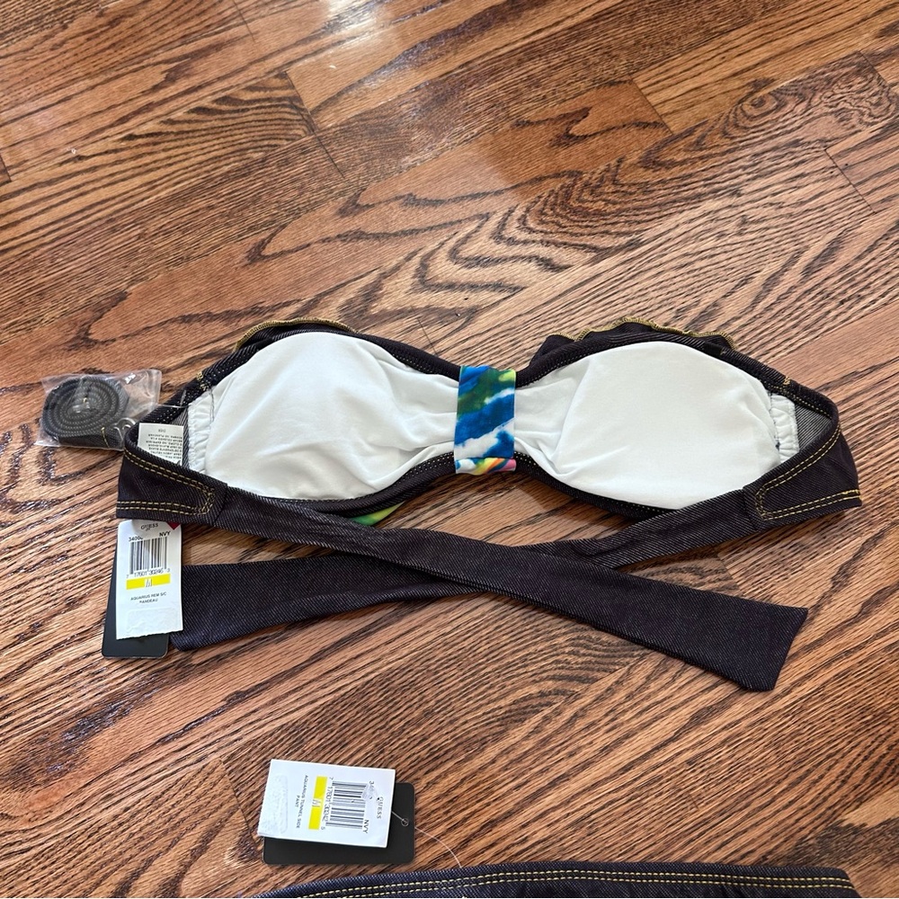 Guess NWT medium bandeau bikini denim print floral tie removable halter $94 - Picture 10 of 15